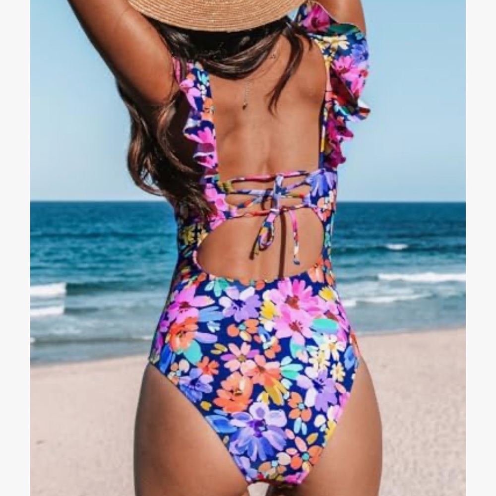 Colorful Floral One-Piece Swimsuit with Ruffles, Lace up back and Tummy Control
